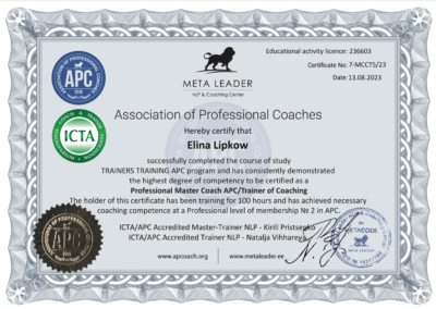 Professional Master Coach and Trainer of Coaching ICTA/APC Elina Lipkow